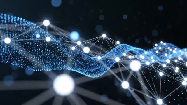 Abstract digital wave with glowing nodes representing futuristic concepts and abstract thought