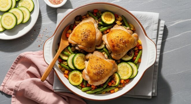 Roasted chicken thighs with zucchini, green beans, and carrots in a baking dish