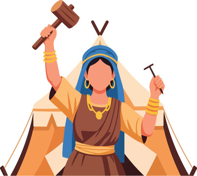Jael, a strong woman holding a hammer, poses beside a tent peg and her tent. Concept suitable for empowerment themes.