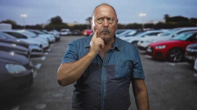 Senior hispanic man touching cheek with finger beside row of parked cars in street car park; pensive reflection.