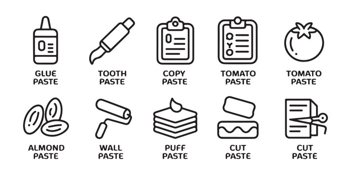 Set of paste icons with various types of glue, tooth paste, almond, wall, puff, cut paste.
