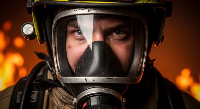 Portrait of a focused firefighter wearing a protective helmet and mask