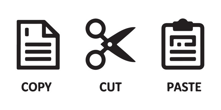 Copy cut paste icons set vector digital file operations and data management signs.