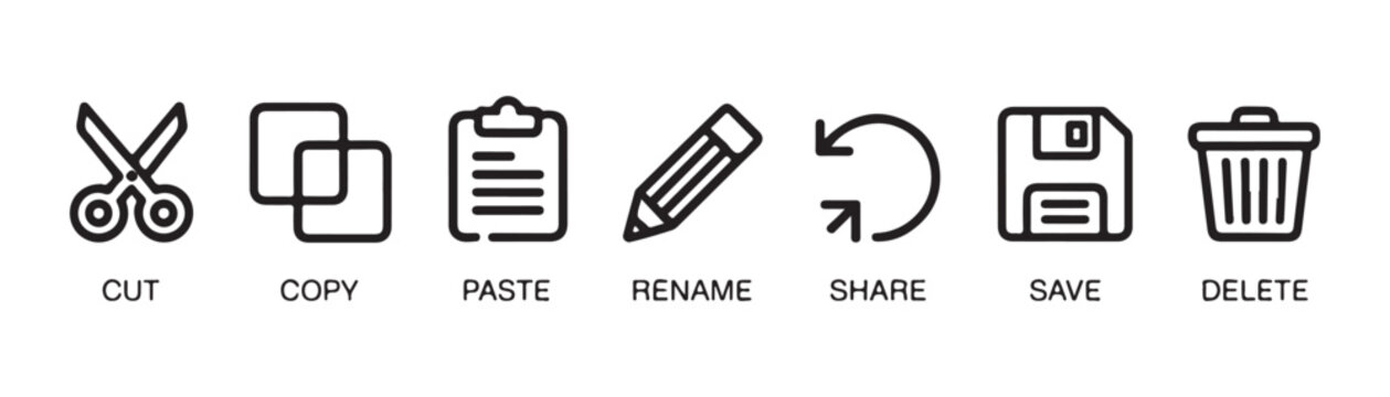 Cut copy paste rename share save delete icons set vector file management operations symbols.