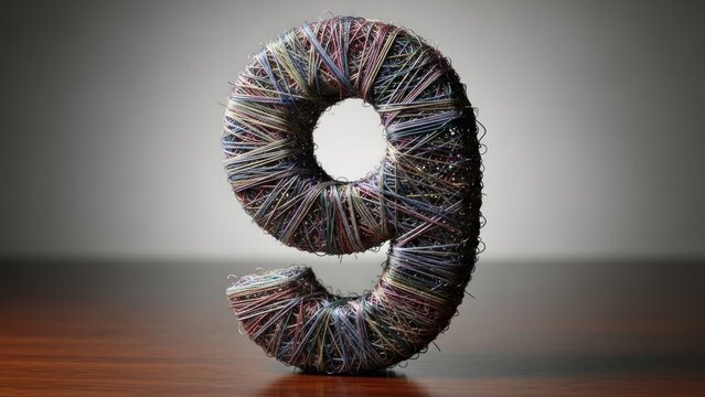 A large, colorful, 3D number 9 made of multicolored wires on a wooden surface
