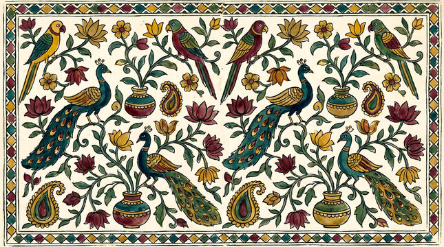 Vibrant peacocks and parrots on floral pattern with vases and border