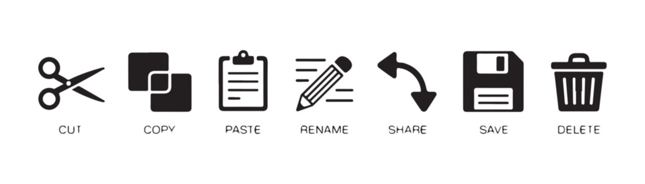 Cut copy paste rename share save delete icons vector set for interface tools.