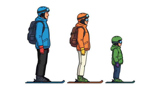 Family skiing together in winter mountains, side view of parents and child on skis with backpacks and helmets.