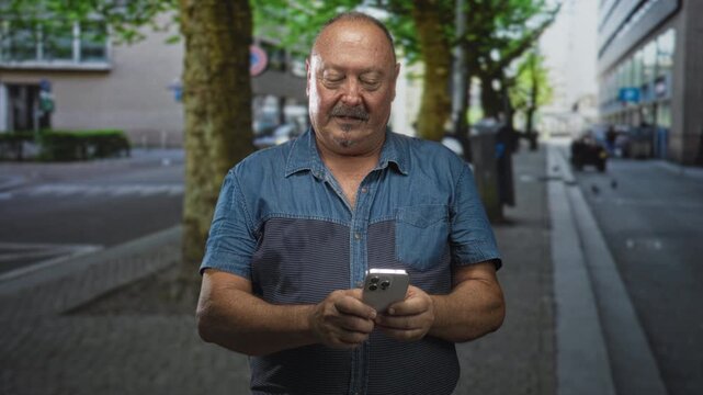 Man holding smartphone with both hands and typing on street beside trees and building; calm contemplation.