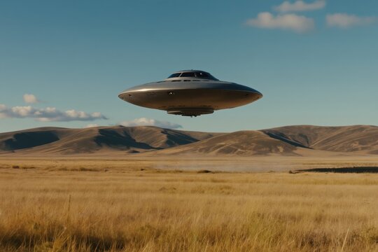 A metallic flying disc hovers over a dry, grassy plain with rolling hills in background. Clear blue sky with sparse clouds. Daytime scene with a sense of isolation and mystery.