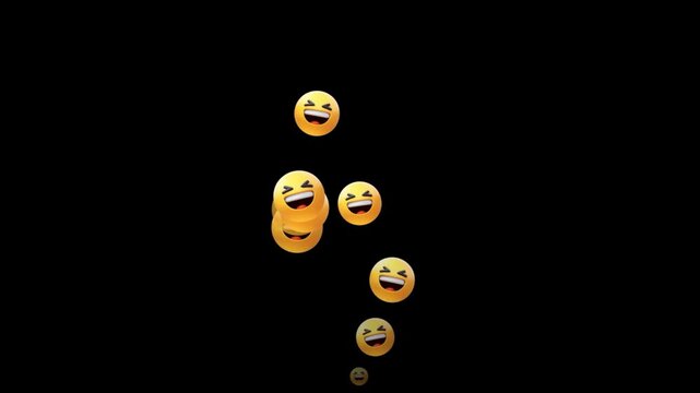 Animated flying laugh emoji particles on green background, social media emotiocon reaction 4k animation