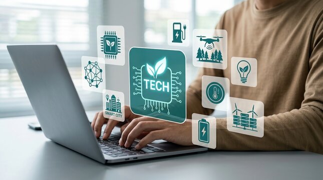 Green technology, sustainable energy, eco-friendly, digital transformation, environmental conservation, clean tech, renewable energy icons for corporate ESG business innovation.