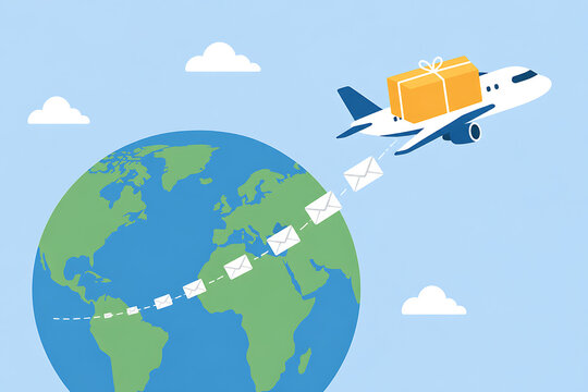 A cargo airplane delivering packages and mail across the world globe.