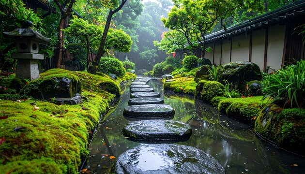 Traditional Japanese garden with stone lantern and mossy path in the rain