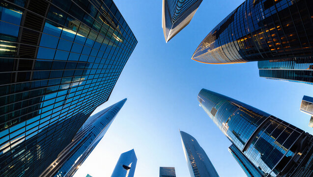 Creative upward fisheye perspective of modern skyscrapers against a clear blue sky