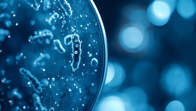 Microscopic view of blue bacteria growing in a laboratory petri dish