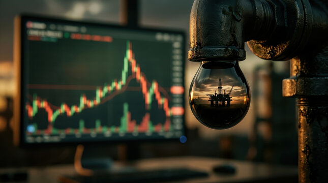 Oil rig reflection in light bulb with stock market chart in background symbolizing global oil crisis impact on energy and economy during sunset