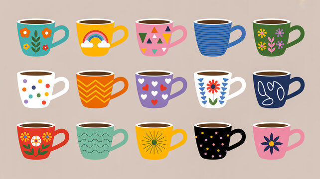 A vibrant collection of colorful coffee mugs with various patterns and designs are arranged on a table indoors.