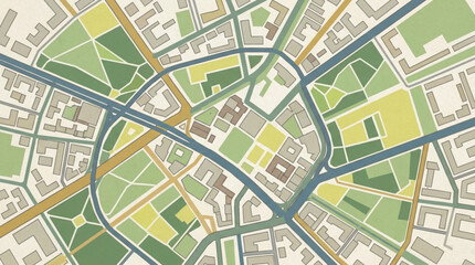Fototapeta premium Aerial View of City Map with Roads and Green Spaces.