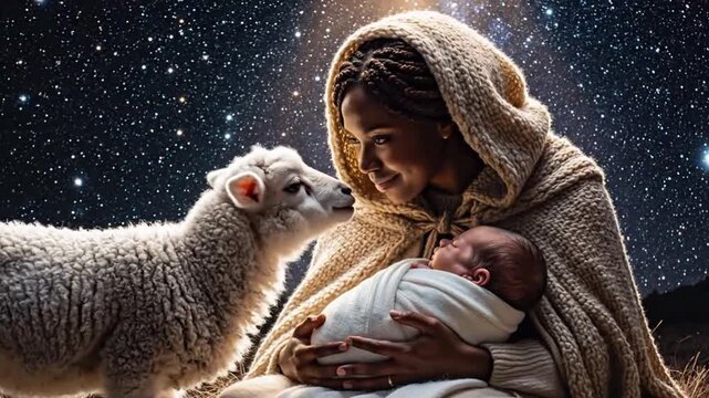 Woman holding baby with lamb under starry sky for cinematic landscapes and wilderness exploration