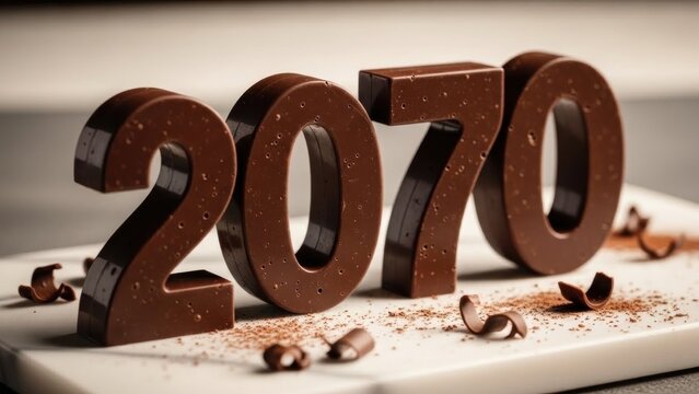 A close-up view of large chocolate numbers on a white plate with cocoa powder and coffee beans
