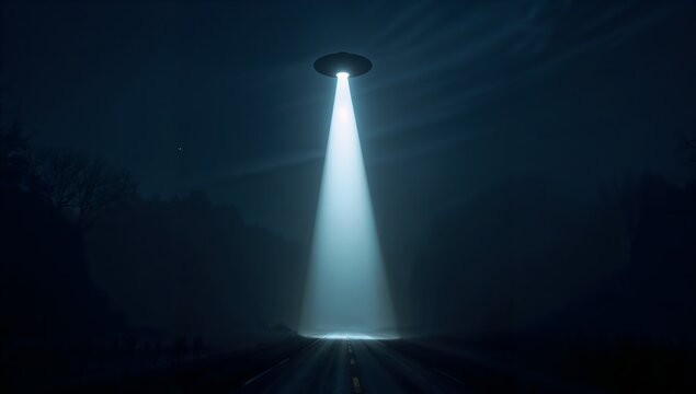 Cinematic UFO hovering over a dark road with a bright light beam