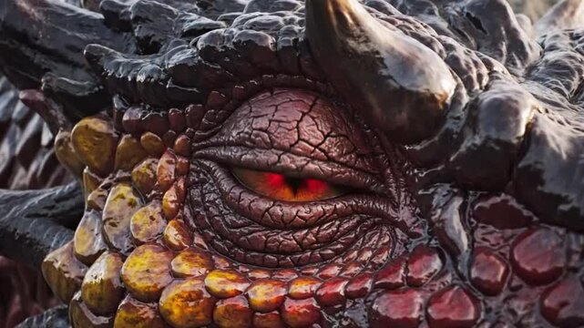 Closeup of a dragons eye and textured skin highlighting geometric patterns and contemporary art