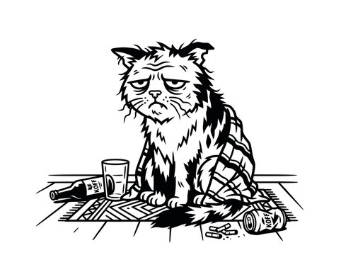 Sad hungover cat with beer and blanket
