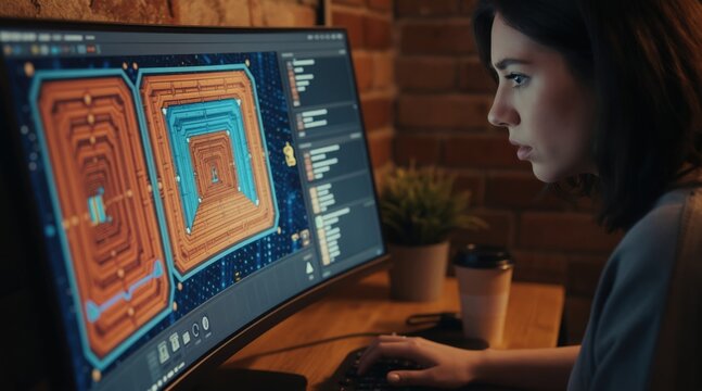 Young woman game developer works intently on computer screen designing game level. She types on keyboard at desk with coffee cup and plant. Creative digital design process.