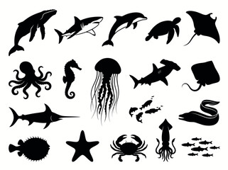 Obraz premium Set of silhouettes of various marine animals