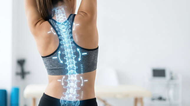 Woman stretching her back with digital spine illustration highlighting spinal health and posture improvement in bright room promoting wellness and fitness care