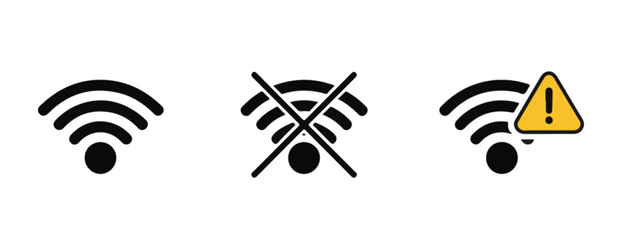 Set of wifi signal icons including connected disconnected and warning status in flat black and yellow.