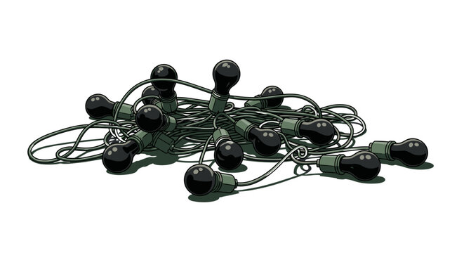 Tangled String Lights Graphic, Festive Decorative Element. Dark Holiday Light Bulbs, Messy, Vector Illustration Isolated on Transparent Background. Christmas & Party Design.