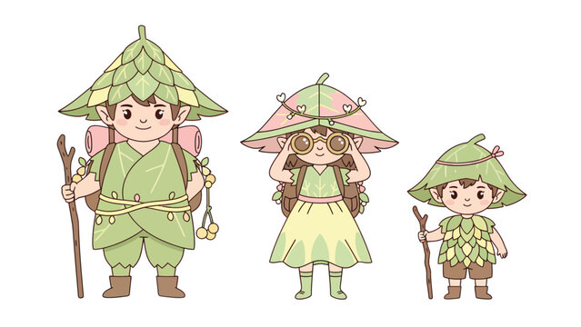 Three cute cartoon characters dressed as nature spirits or forest elves, wearing leaf-shaped hats and outfits, holding walking sticks.