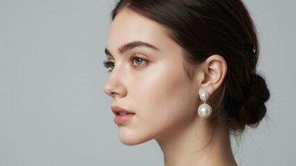 Naklejka premium Elegant Young Woman with Pearl Earring Portrait on Gray Background