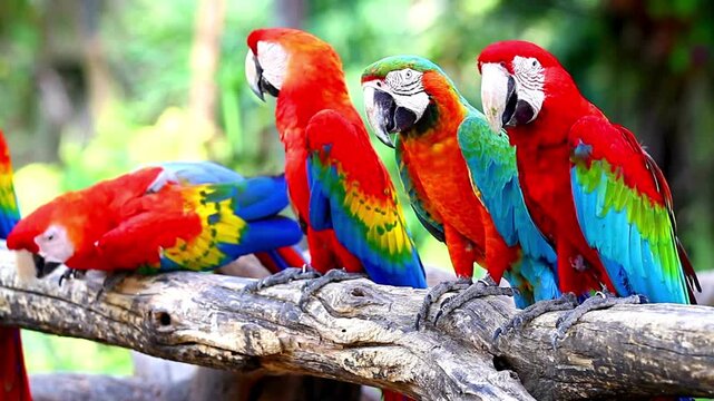 Flock of beautiful macaw parrots resting on tree branch