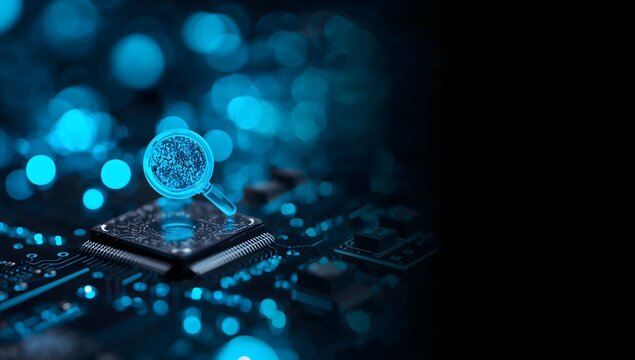 Glowing blue magnifying glass analyzing a computer circuit board