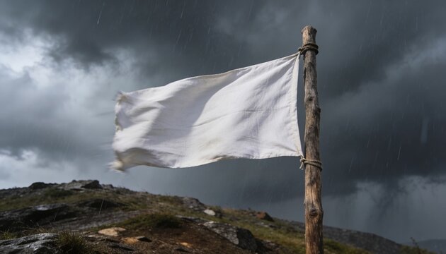 A solitary white flag flutters on a wooden pole against a dramatic stormy sky with rain