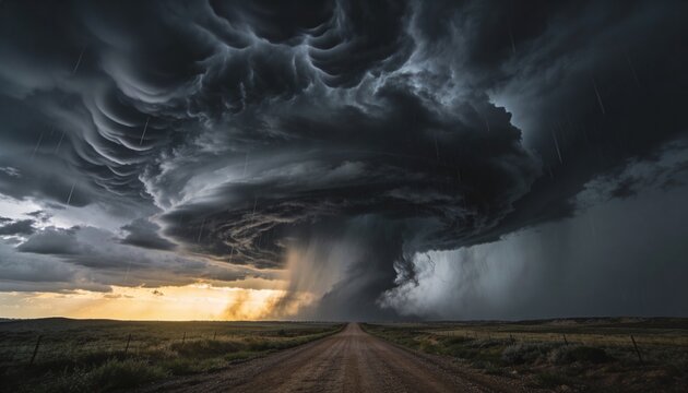 Massive supercell thunderstorm with a dramatic funnel cloud and heavy rain over a rural landscape at sunset
