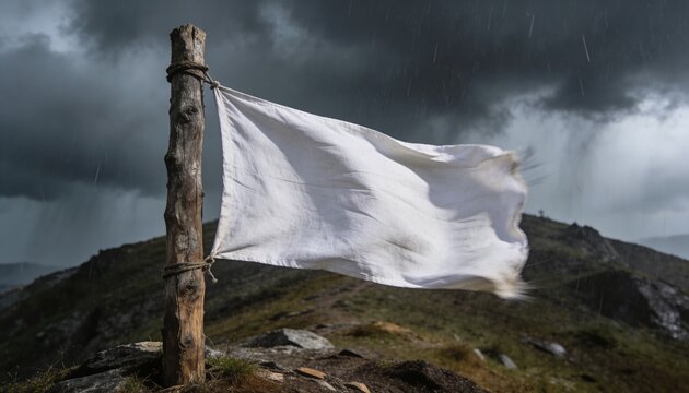 A solitary white flag of surrender waves defiantly on a windswept hill under a dramatic stormy sky