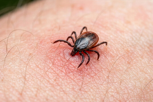 Deer tick biting into human skin causing red inflammatory reaction and irritation