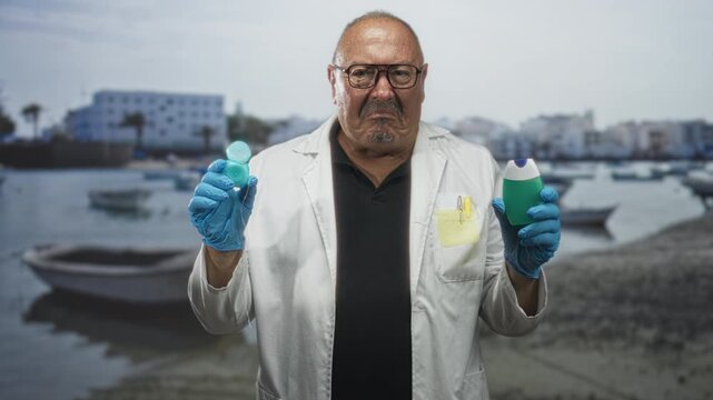 Man doctor in lab coat holds dental floss spool in gloved hand and a toothpaste bottle at a harbor; oral health warning concern.