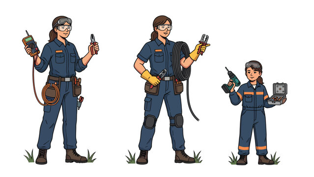 Three female electricians or technicians in work uniforms holding various tools, representing different roles and ages in the electrical or technical field.
