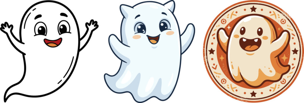 Cartoon Ghost Vector Illustrations Depicting Friendly White, Blue, and Beige Spirits with Smiling Expressions Highlighting Halloween, Fantasy, and Supernatural Concepts
