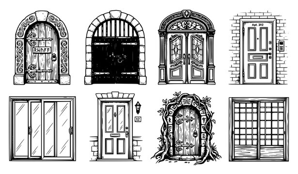 Hand drawn assorted door sketch vector collection with vintage and modern entrance designs