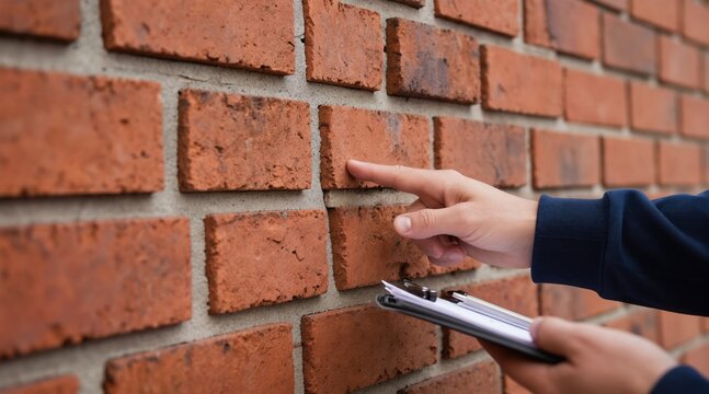Inspector hand checks brick wall mortar joint. Person with clipboard examines construction material quality. Close up on building exterior assessment.