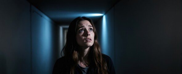 Fototapeta premium Young woman feels fear, despair in dark tunnel. Girl looks up, trapped, alone, anxious. Female emotion, panic, helplessness. Psychological stress, claustrophobic feeling, mental state.