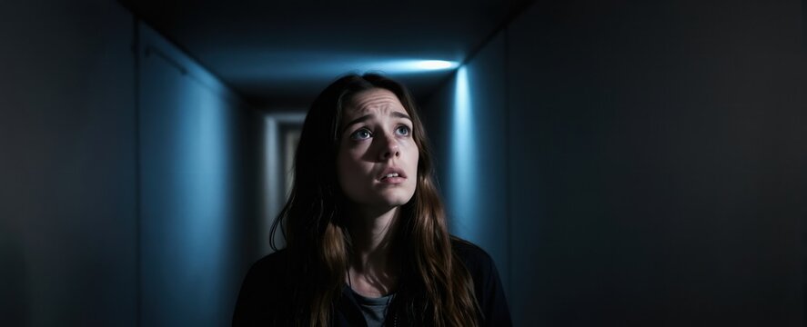 Young woman feels fear, despair in dark tunnel. Girl looks up, trapped, alone, anxious. Female emotion, panic, helplessness. Psychological stress, claustrophobic feeling, mental state.