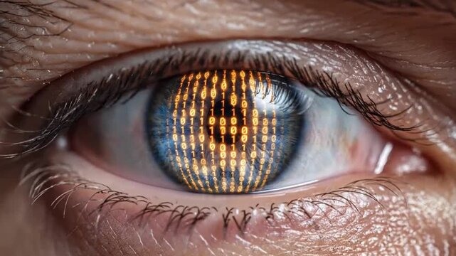 Closeup of human eye with digital binary pattern symbolizing the cutting-edge of futuristic design