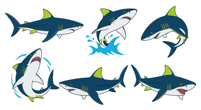 Cartoon Sharks Set: Jumping, Swimming, Biting - Ocean Predators Collection